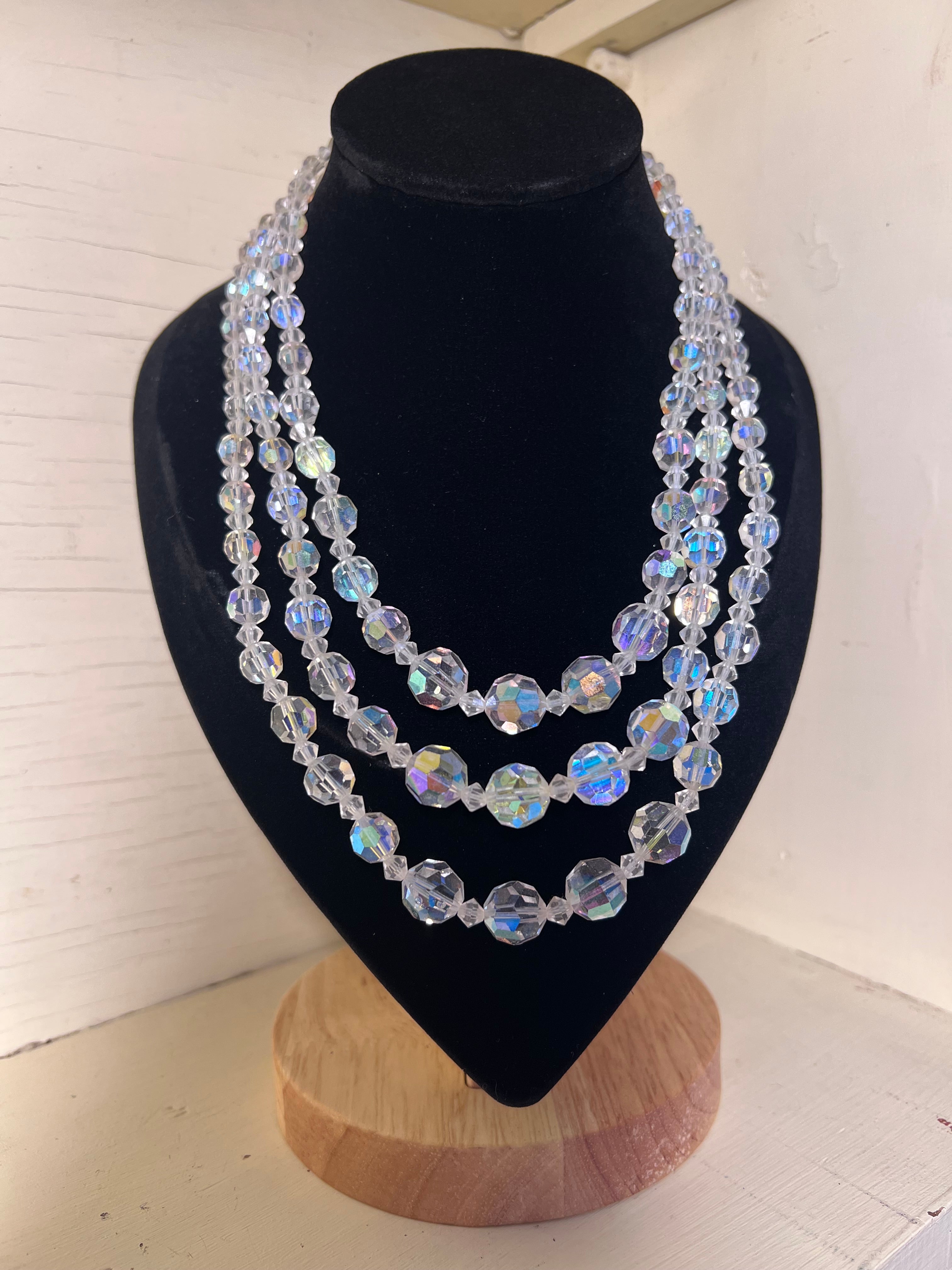Vintage 1950s Aurora Borealis Triple Strand Necklace