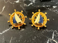 Vintage Avon Nautical Sailboat Earrings Gold Tone Blue White Enamel Ship Wheel Coastal 1980s Preppy