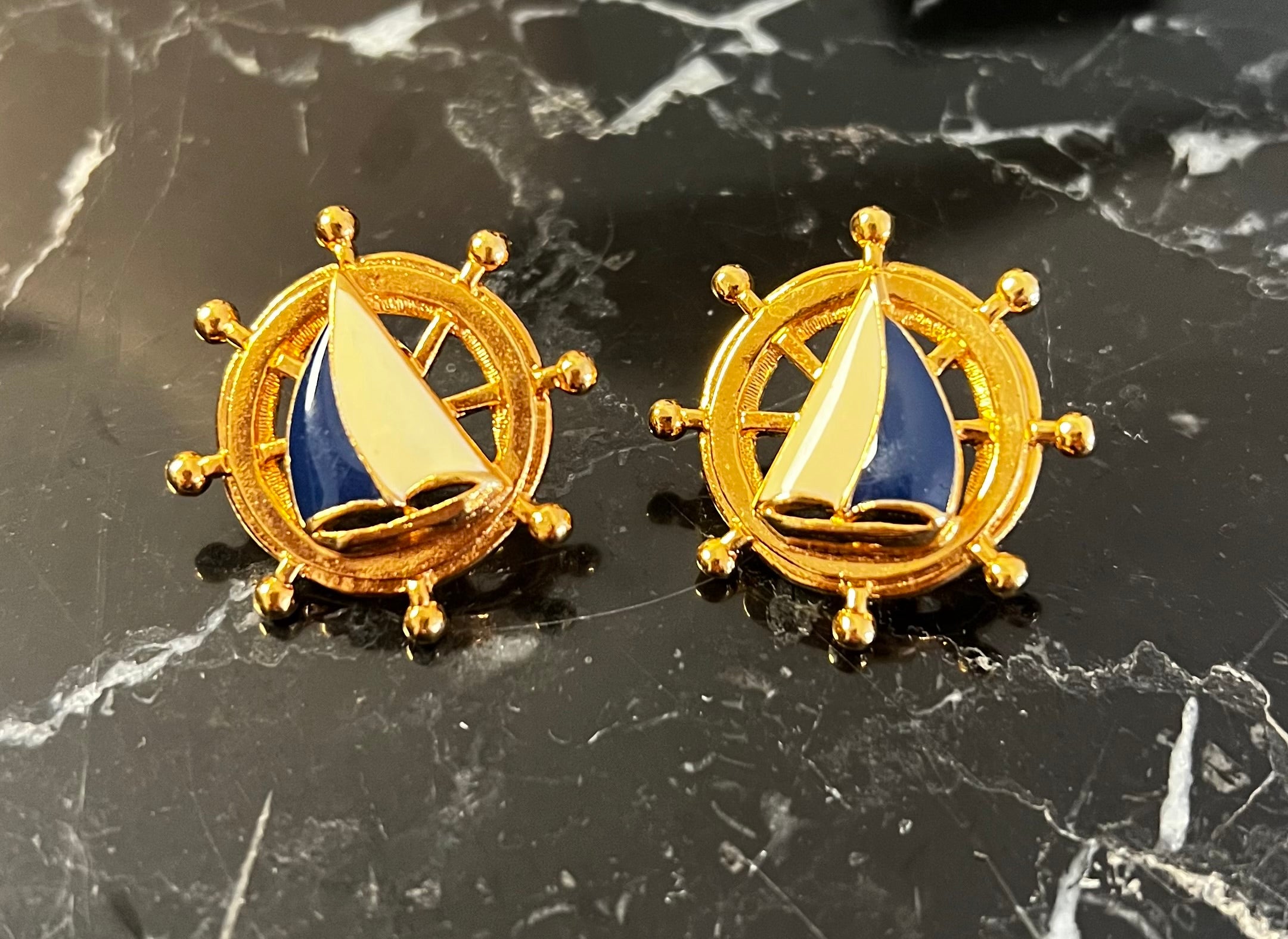 Vintage Avon Nautical Sailboat Earrings Gold Tone Blue White Enamel Ship Wheel Coastal 1980s Preppy