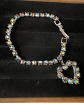 Vintage 1960s Aurora Borealis rhinestone heart charm tennis bracelet 6 inch