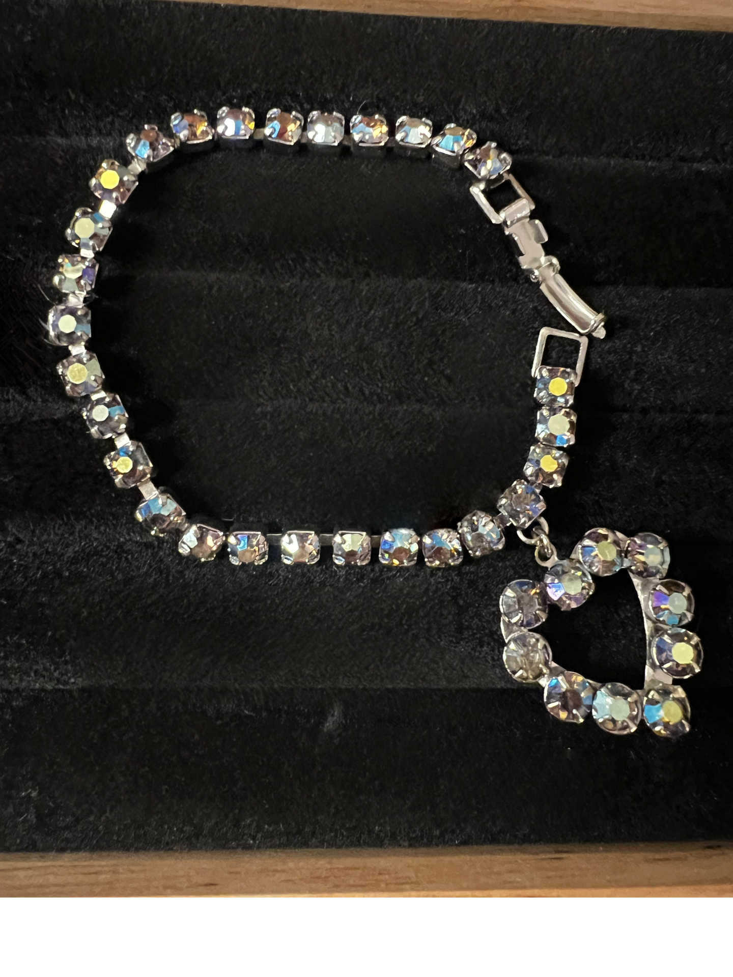 Vintage 1960s Aurora Borealis rhinestone heart charm tennis bracelet 6 inch