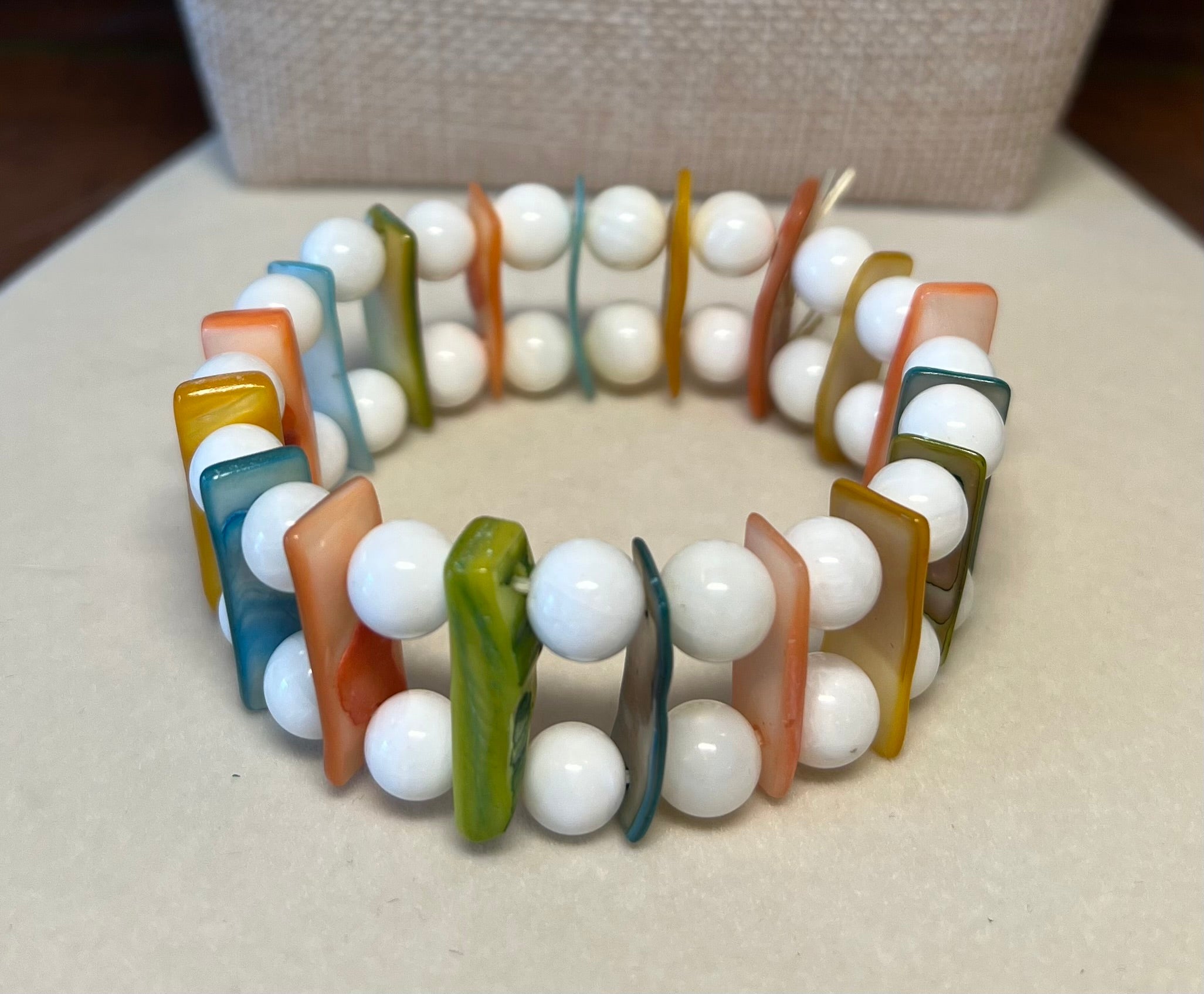 Vintage Mother of Pearl and Glass Bead Stretch Bracelet