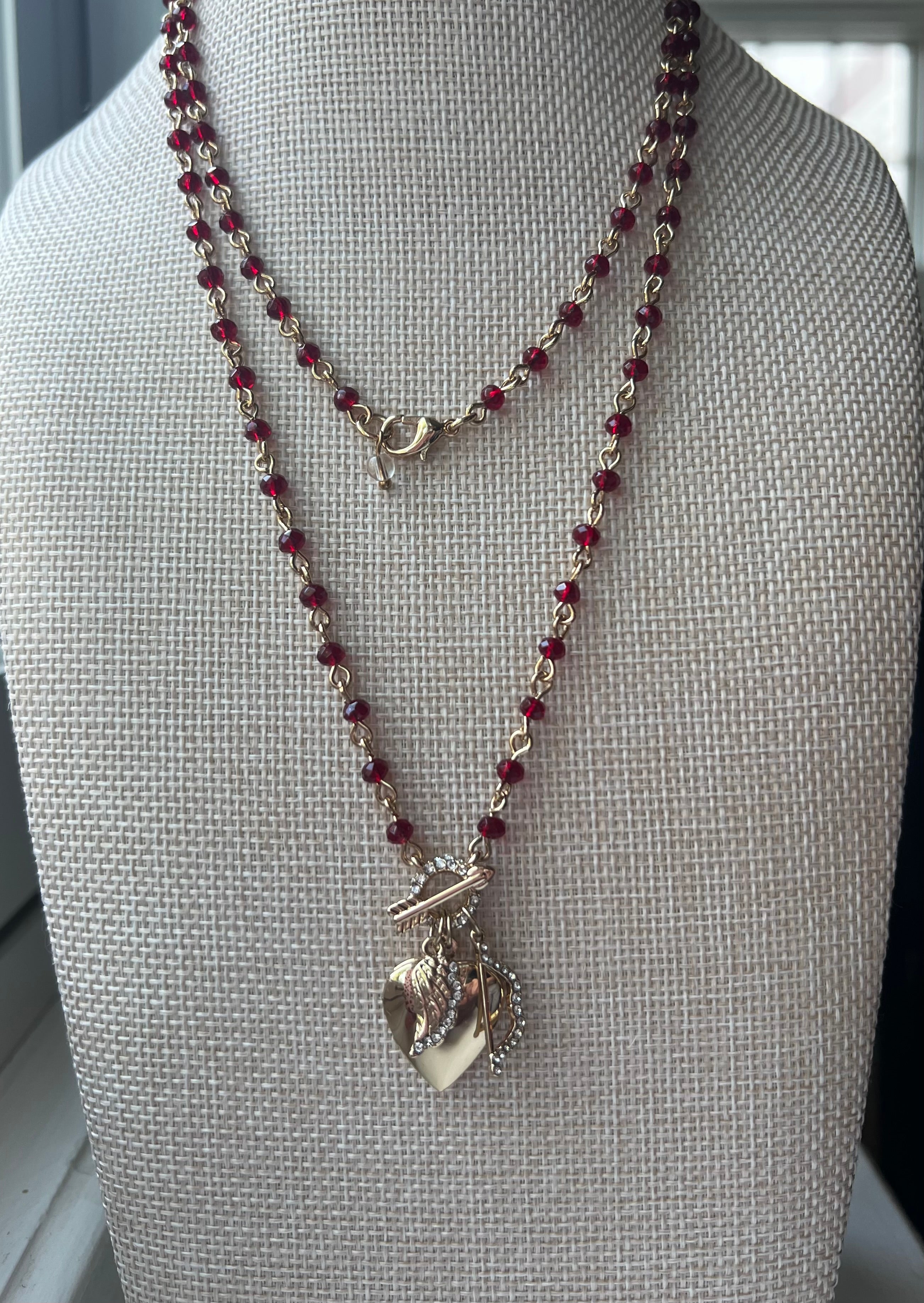 Vintage Napier Cupid locket charm necklace 30 inch red beaded gold tone chain