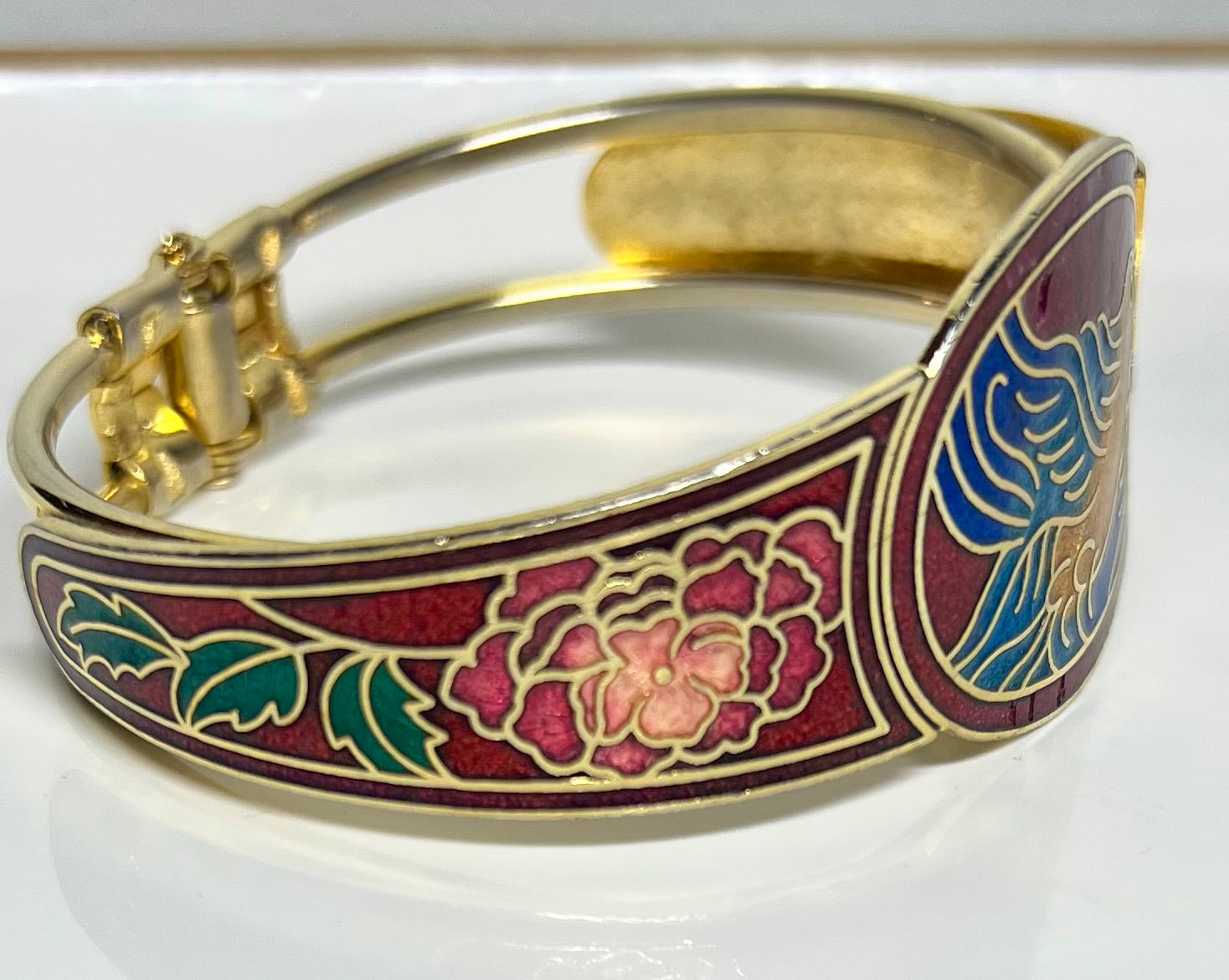 Vintage 1980s Enamel Floral Bird Hinge Bracelet