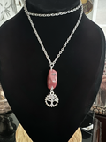 Rhodonite and tree of life charm on 20 inch silver tone chain