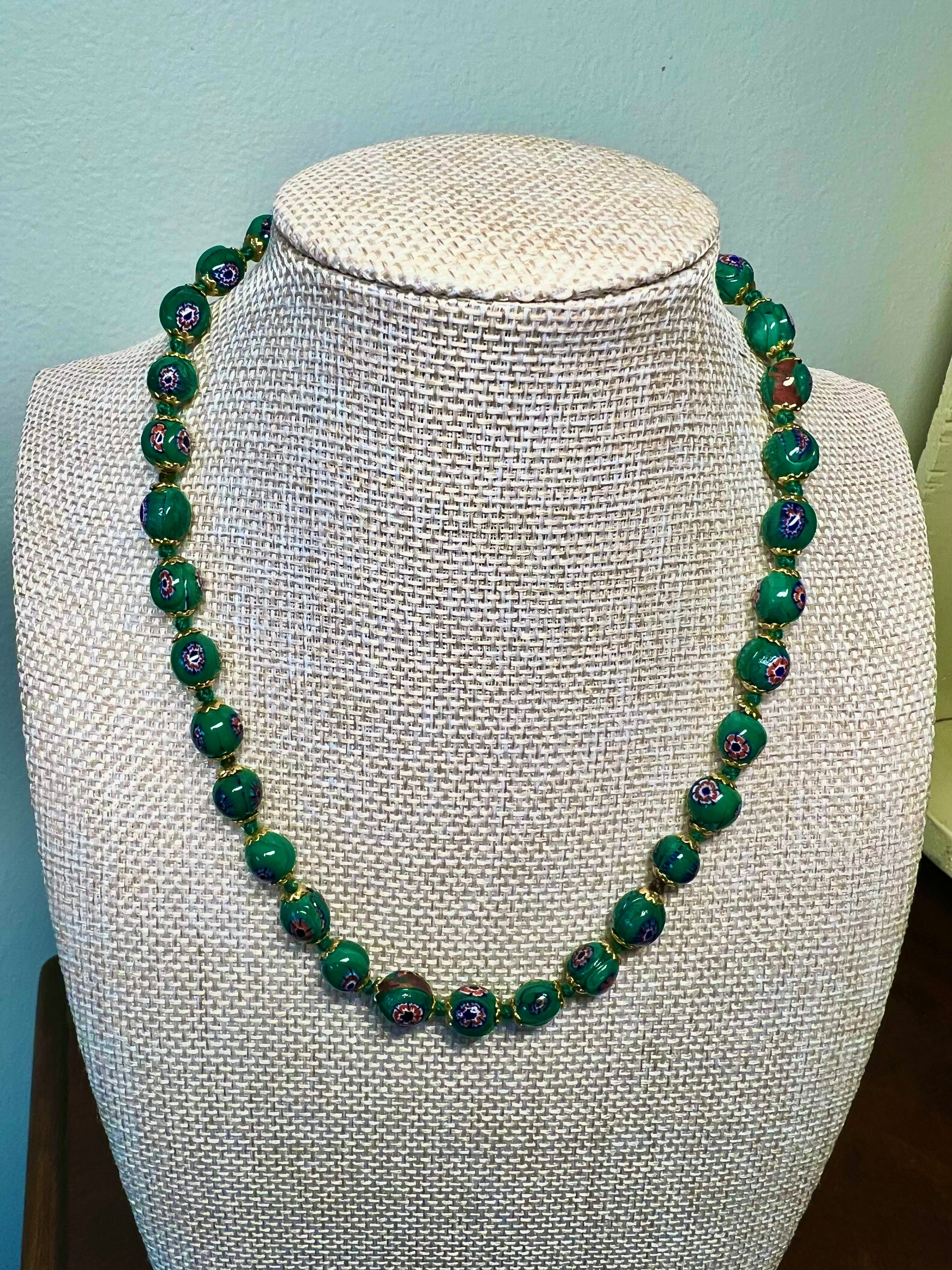 Vintage Green Murano Glass Millefiori Necklace