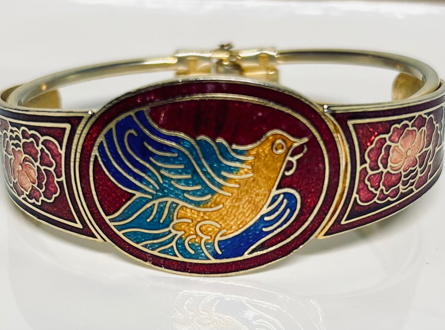 Vintage 1980s Enamel Floral Bird Hinge Bracelet