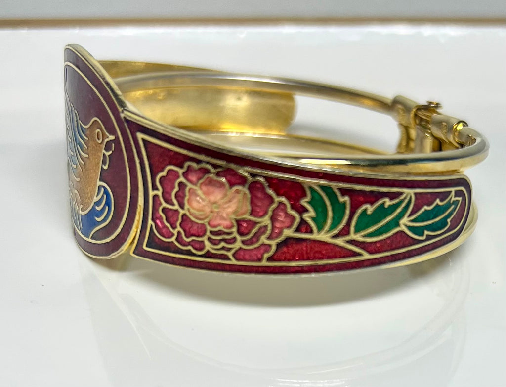 Vintage 1980s Enamel Floral Bird Hinge Bracelet