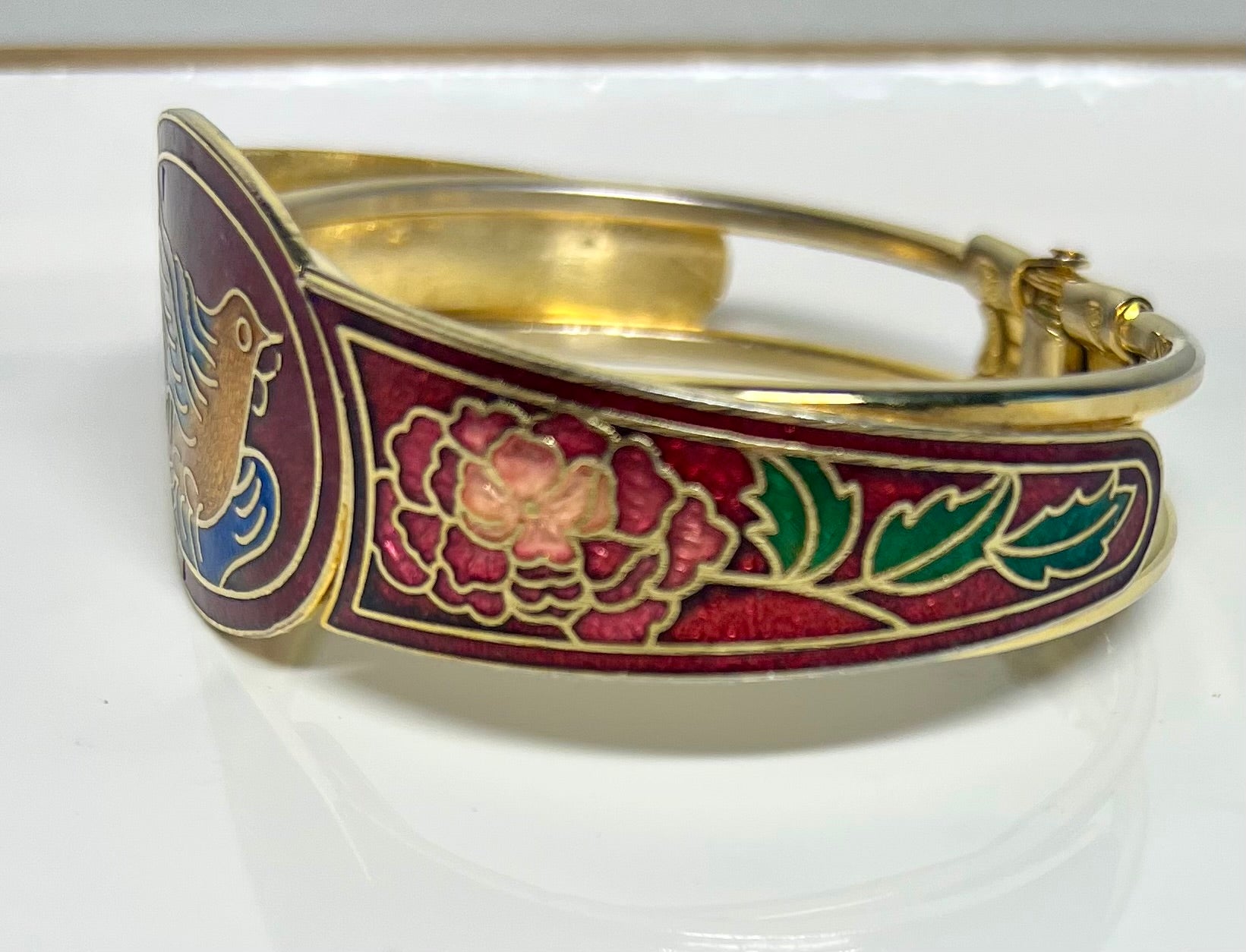 Vintage 1980s Enamel Floral Bird Hinge Bracelet