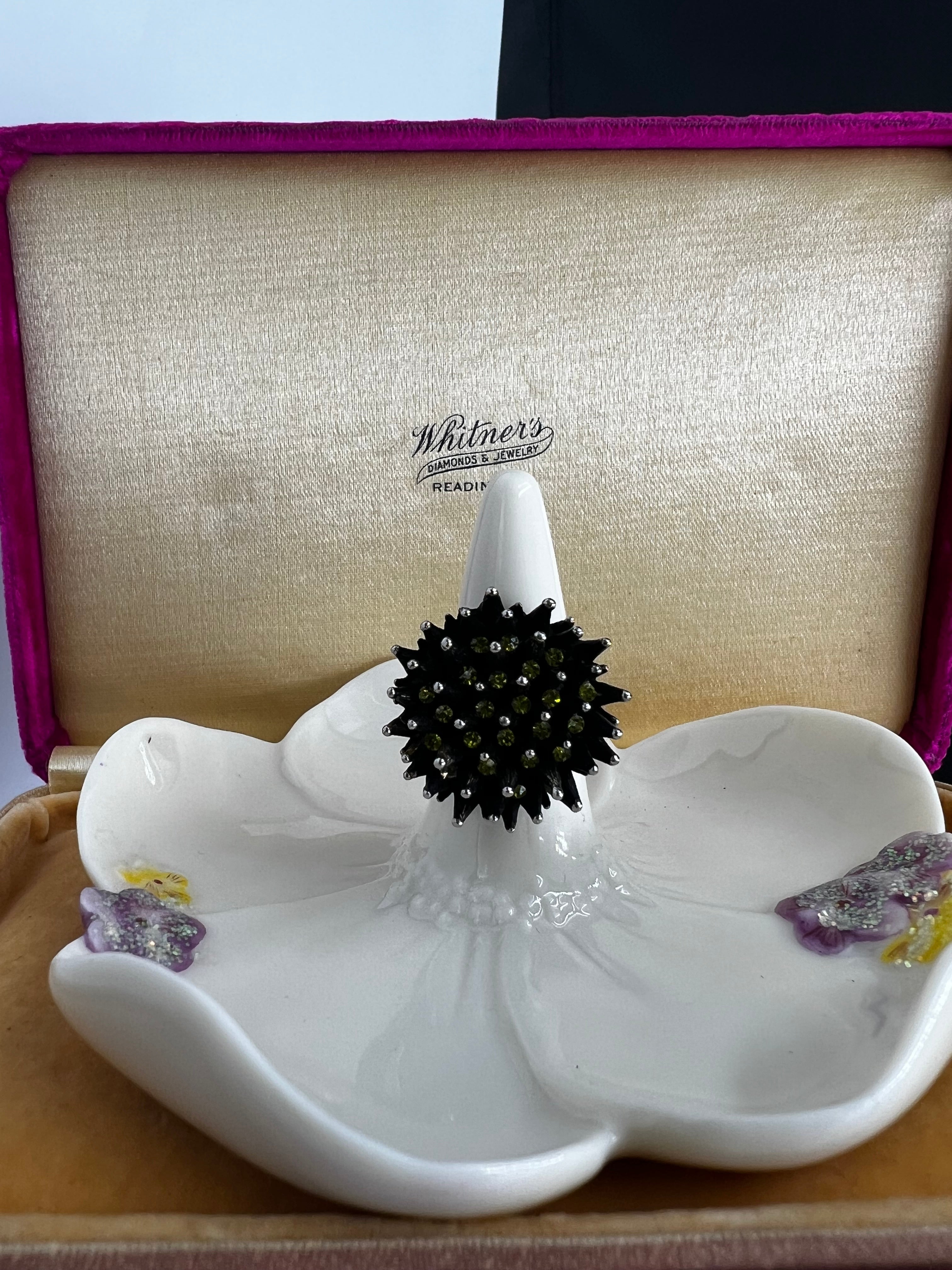 Vintage Alan J gold tone black sea urchin statement ring