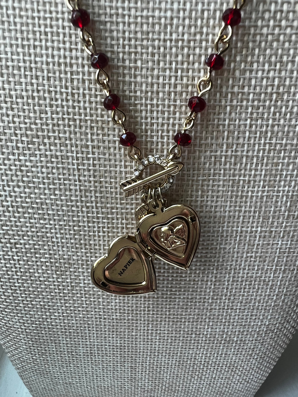 Vintage Napier Cupid locket charm necklace 30 inch red beaded gold tone chain