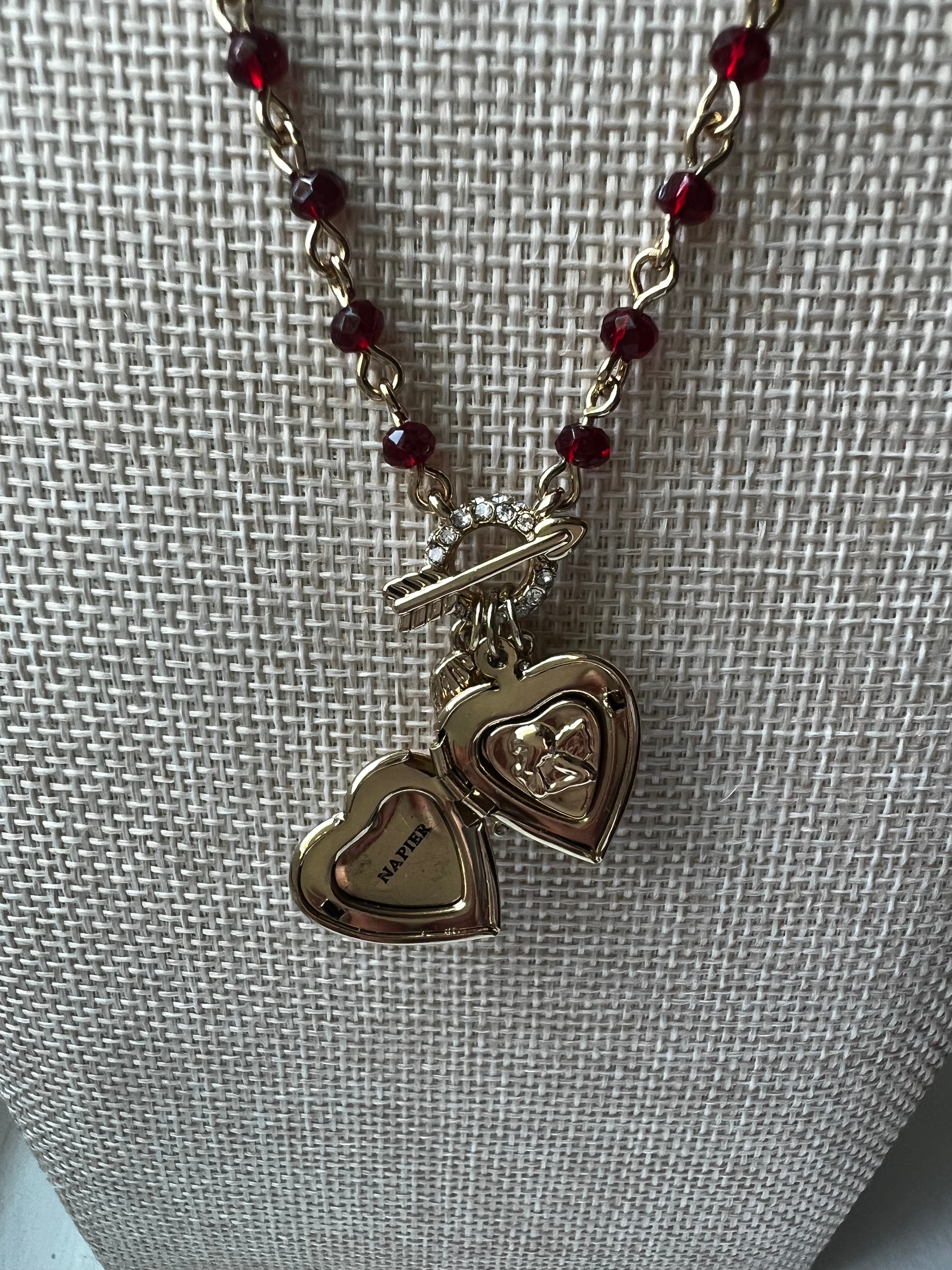 Vintage Napier Cupid locket charm necklace 30 inch red beaded gold tone chain
